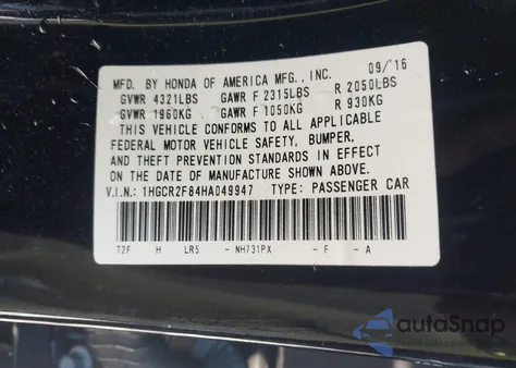 2017 Honda Accord Ex-L from USA, damaged, VIN 1HGCR2F84HA049947